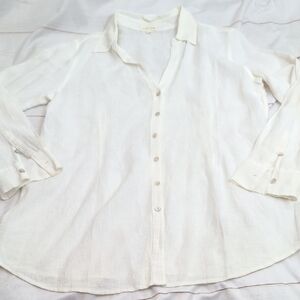 Eileen Fisher White Linen Long Sleeves Button-Up Blouse size Large